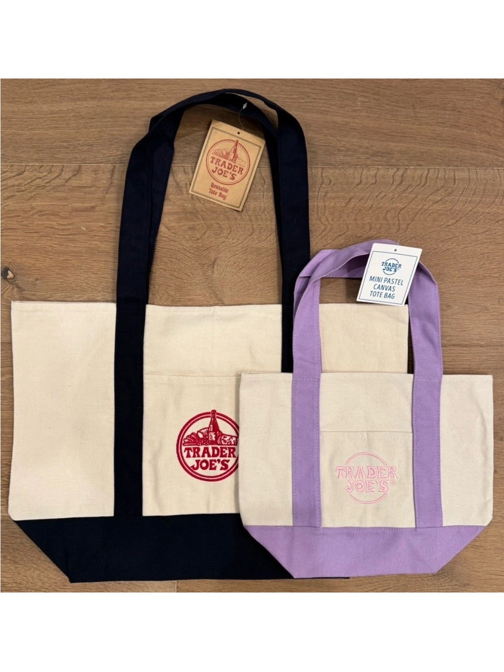 Trader Joe's Canvas Tote Bag - Cream Body with Black or Lavender Handles
